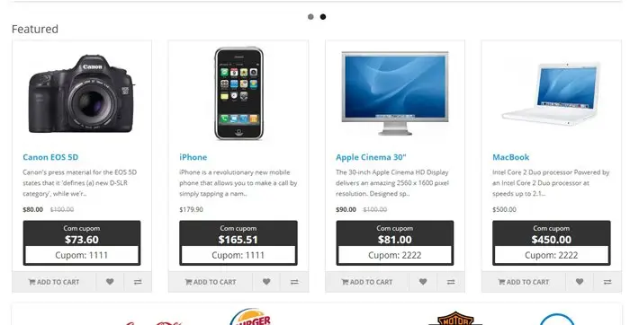 Preço dos produtos com cupom