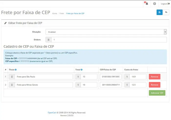 Frete por CEP Opencart admin