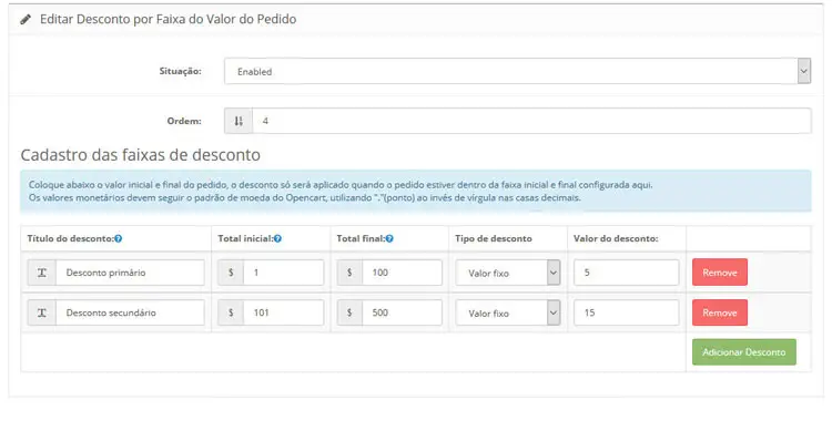Desconto por valor do pedido